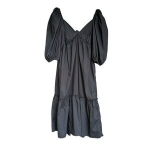 Padova Columbia Black Tiered Puff Sleeve Sweetheart Midi Dress 100% Cotton Sz 8